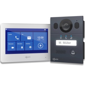 Goliath 2-Draht Video Türsprechanlage mit Monitor und Außenstation in Weiß/Anthrazit.