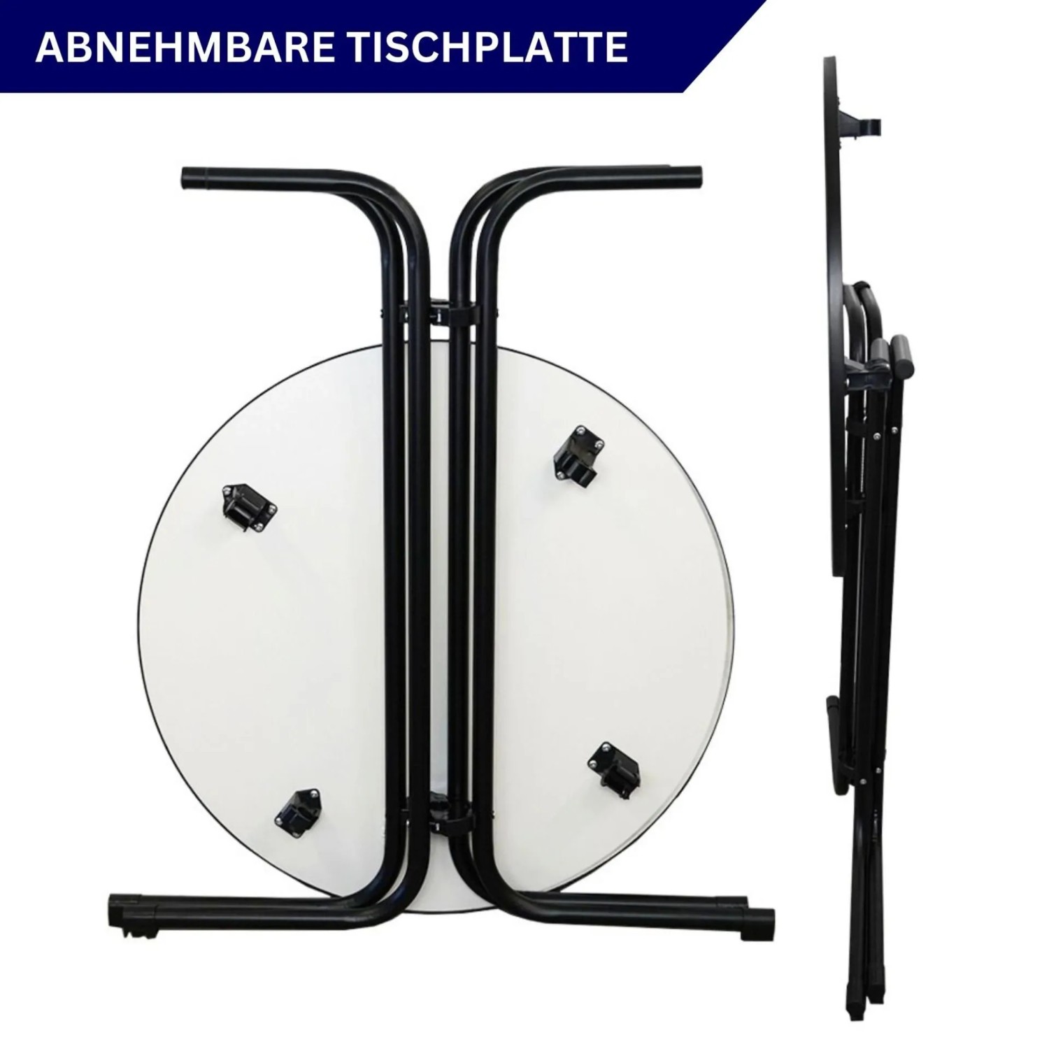 Chefgastro Stehtisch, klappbar, mit abnehmbarer Tischplatte und schwarzer Husse, zusammengeklappt.