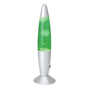 Eglo LED-Lavatischleuchte in Silber mit grüner Flüssigkeit und weißem Wachs. Dekorativer Lava-Effekt.