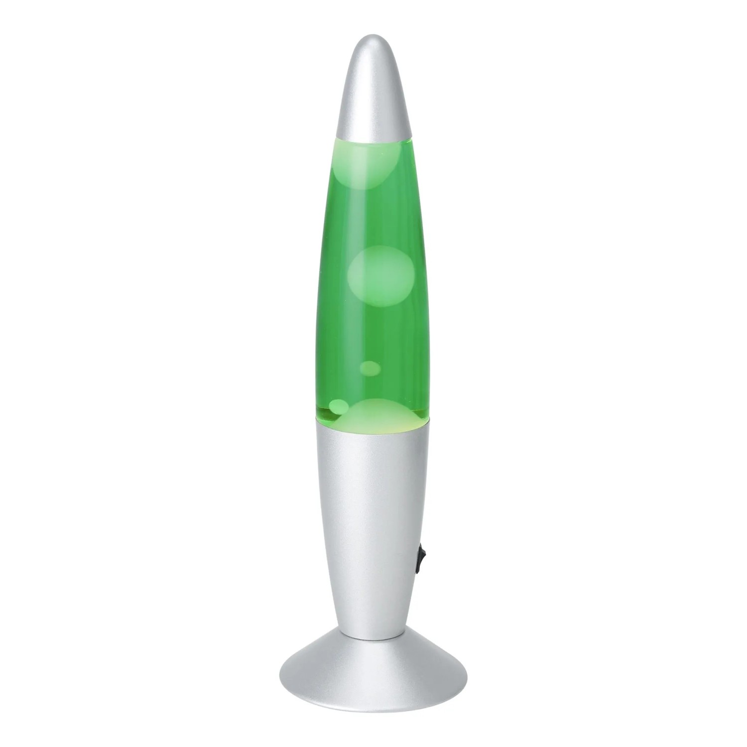 Eglo LED-Lavatischleuchte in Silber mit grüner Flüssigkeit und weißem Wachs. Dekorativer Lava-Effekt.