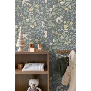 ESTAhome Vliestapete: Blumen, Vögel & Schmetterlinge in Blau, Grün, Gelb auf Grau. Dekorative Tapete für Kinderzimmer.