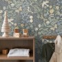 ESTAhome Vliestapete: Blumen, Vögel & Schmetterlinge in Blau, Grün, Gelb auf Grau. Dekorative Tapete für Kinderzimmer.