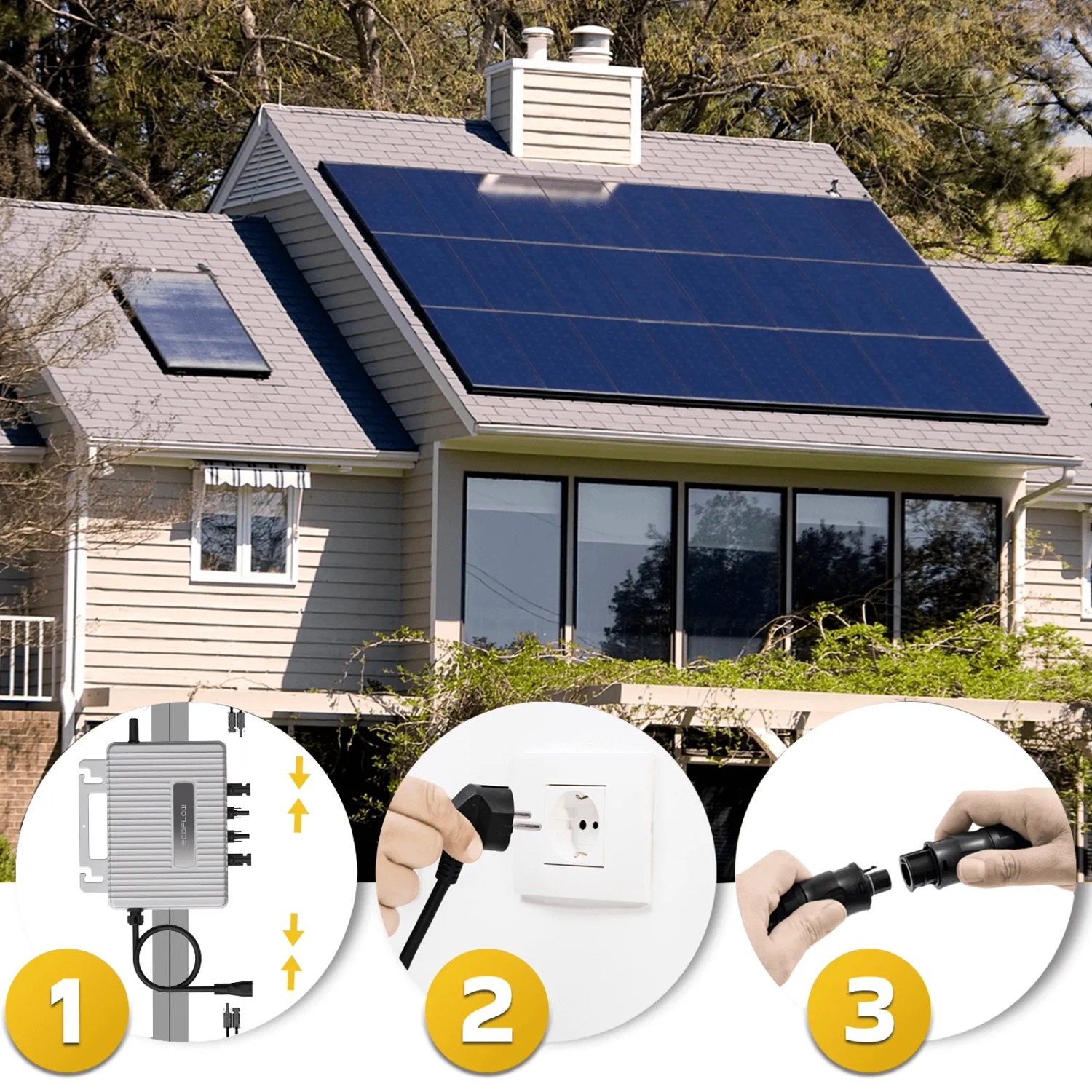 ECOFLOW Mikro-Wechselrichter 800W für Balkonkraftwerk mit Anschluss- und Verlängerungskabeln.