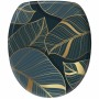 SANILO WC-Sitz Monstera aus Holz mit dunkelblauem Blattmuster und goldenen Akzenten.