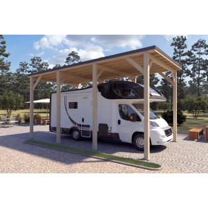 Holzbrüder Camping-Carport Ralf Natur mit dunkelgrauem Blechdach und Wohnmobil.