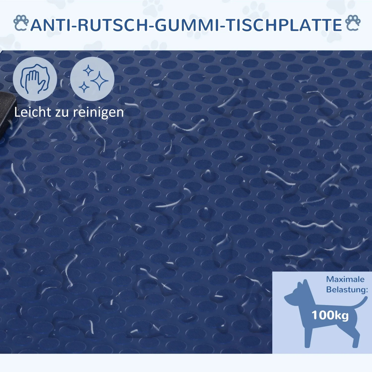 Detailaufnahme: Blaue, rutschfeste Gummi-Tischplatte des PawHut Trimmtisch mit Wasser.