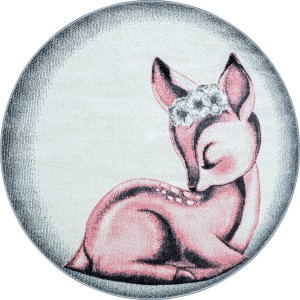 Runder, pinker Kinderteppich mit Bambi-Motiv (160 cm) für Mädchenzimmer.