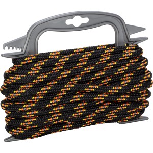 Schwarze Flechtschnur aus Polyester mit Reflexstreifen, 4 mm Durchmesser, 10 m Länge auf Spule.