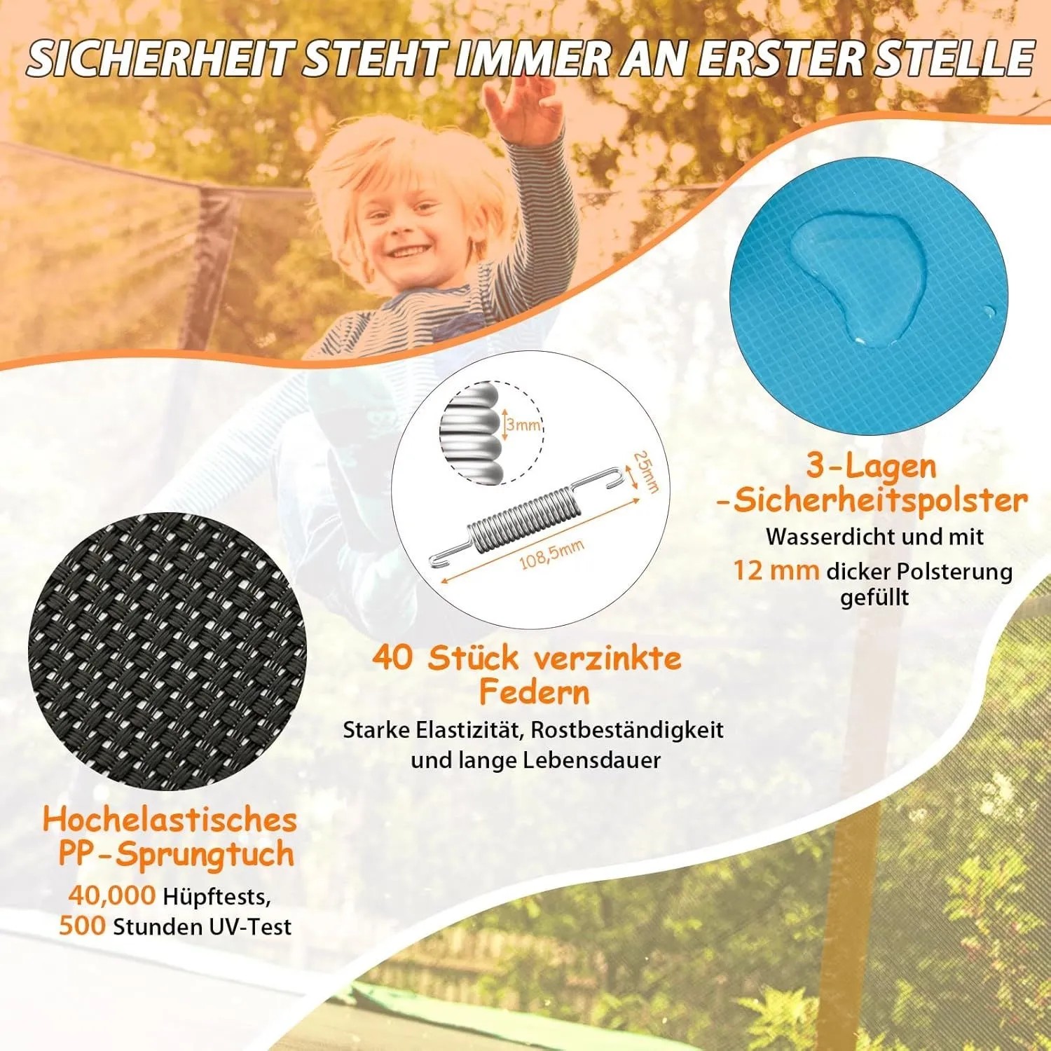 Detailaufnahme Kindertrampolin: Federn, Sprungtuch, Polsterung für Sicherheit beim Spielen.