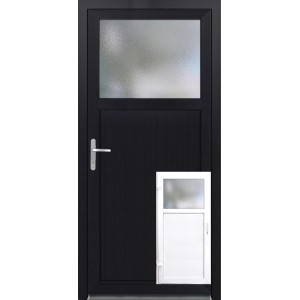Moderne Nebeneingangstür Kunststoff K504, links, weiß/anthrazit, mit Glaseinsatz für mehr Licht.