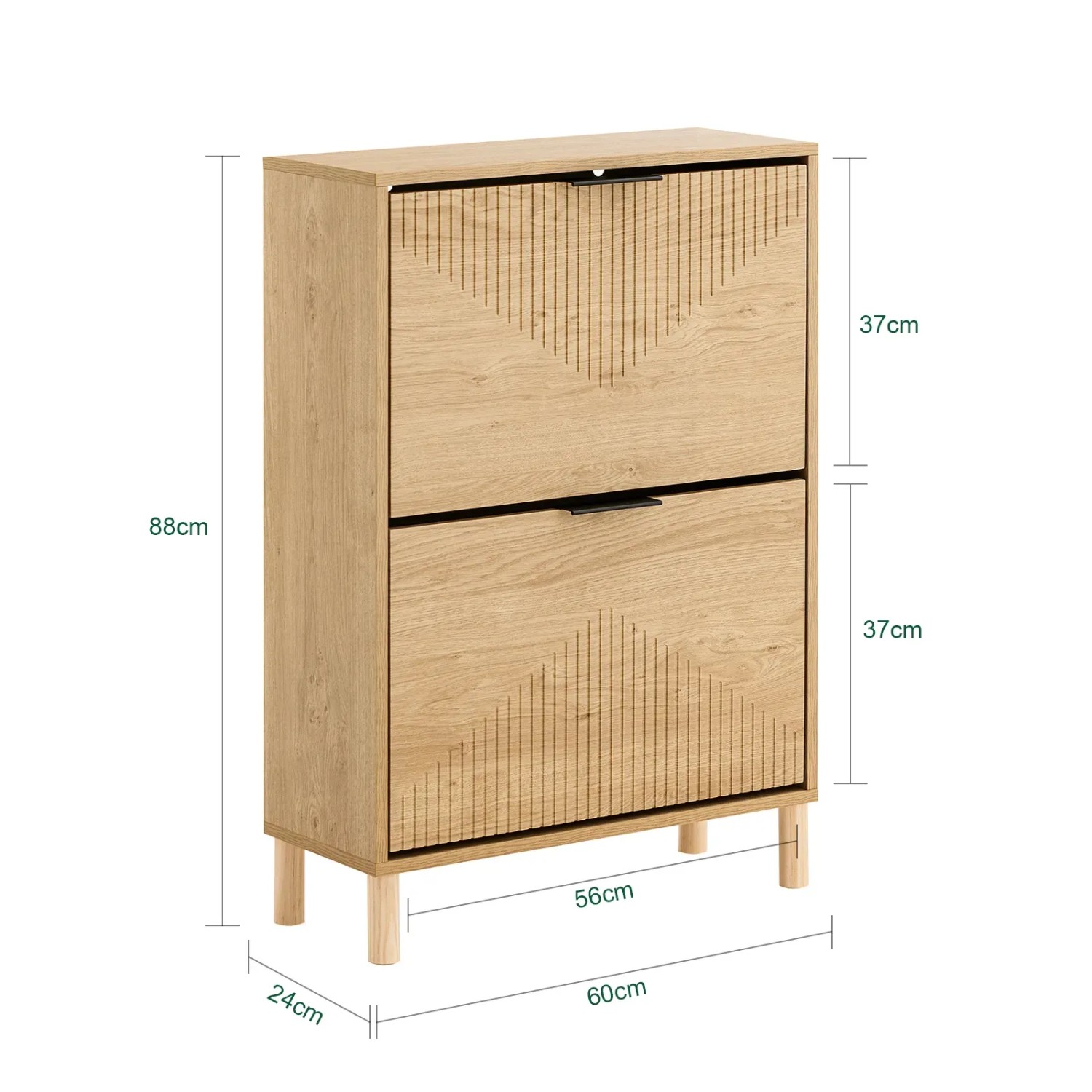 Schmaler SoBuy Schuhschrank in Holzoptik mit 2 Klappen, geometrischem Muster und Maßen 60x88x24cm.