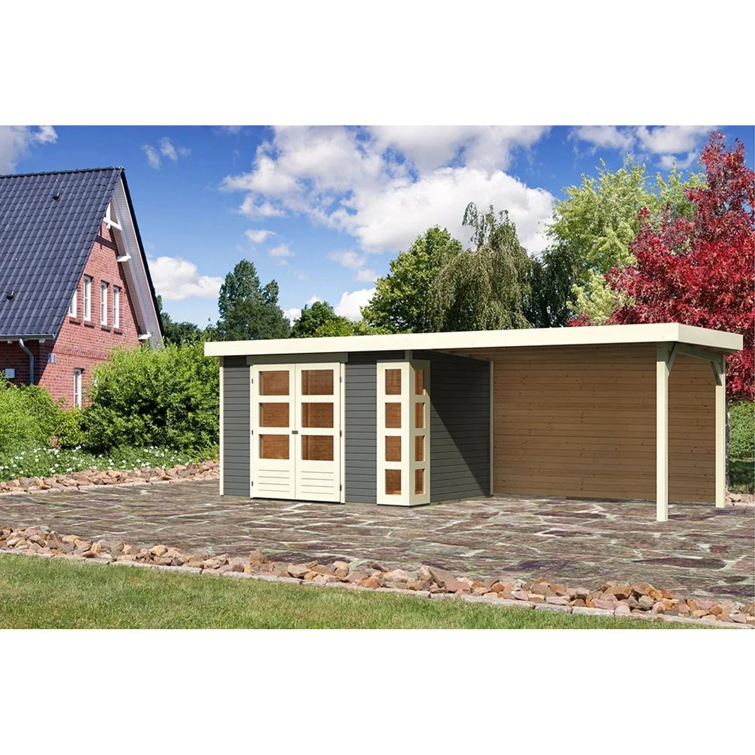 Terragraues Karibu Holz-Gartenhaus Sölve mit Flachdach und Anbau. Gartenhaus mit Doppeltür.