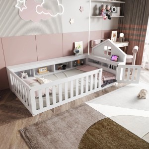 Weißes Merax Kinderbett 90x200cm aus Massivholz mit Hausdesign, Stauraumfächern und Gitterstäben.