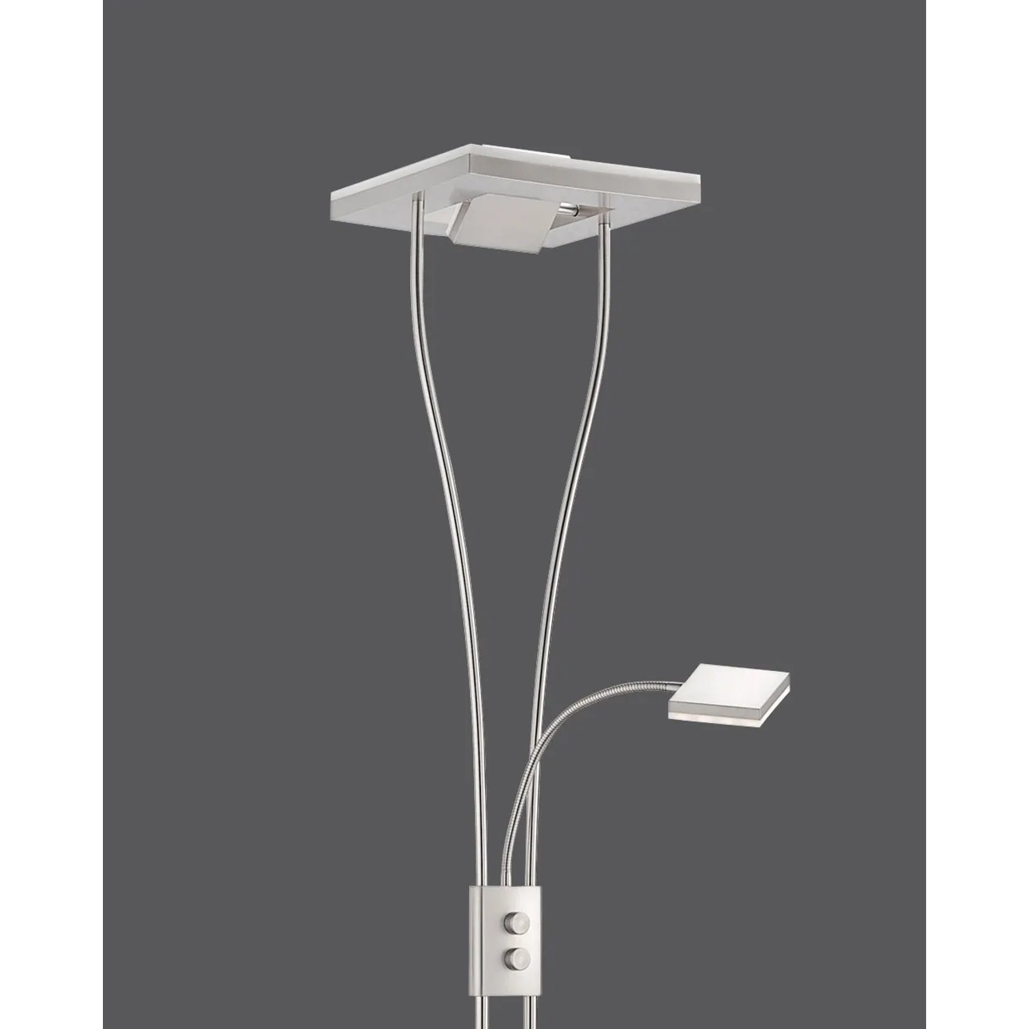 Moderner LED-Deckenfluter Helia aus Stahl, gebürstet. Mit Leseleuchte und dimmbarem Kopf.