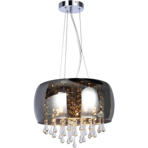 Elegante Globo Pendelleuchte Kalla Chrom mit rauchfarbenem Schirm und Glaskristallen.