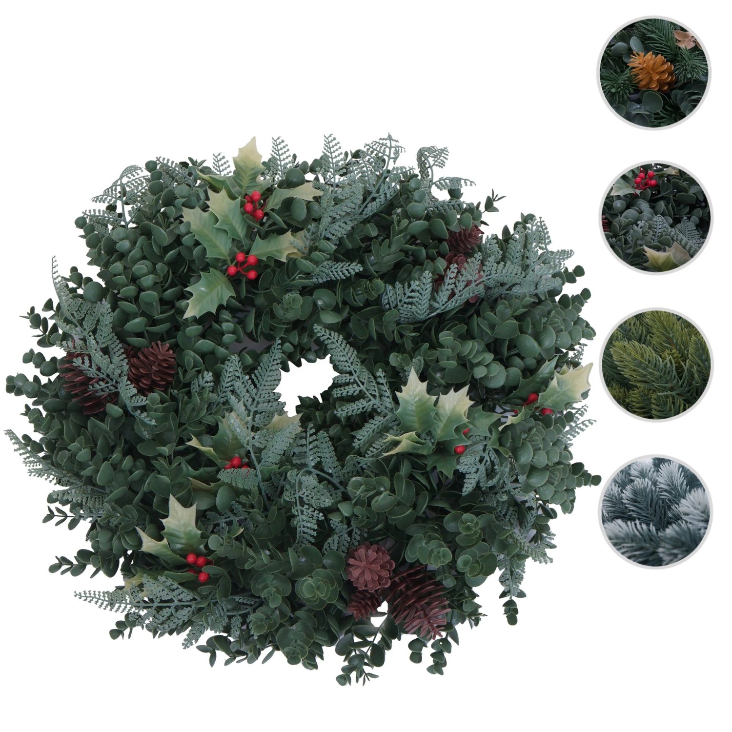 Künstlicher Kranz Ø 45cm für Weihnachtsdekoration. Grünes Laub, rote Beeren, Tannenzapfen. Als Tür- oder Tischkranz.