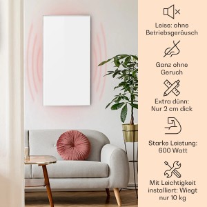 Weiße Klarstein Wonderwall Air 60 Infrarotheizung (600W) an Wand, schlankes Design. Schnelle, leise Wärme für Wohnräume.