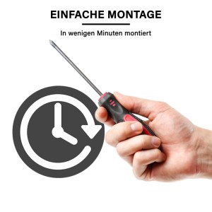 Hand hält Schraubendreher, Uhr-Symbol. Schnelle, einfache Montage der MegaLight LED-Deckenleuchte.