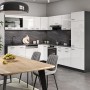 Vicco R-Line Eckküche in Weiß Hochglanz/Anthrazit mit Elektrogeräten und Esstisch.