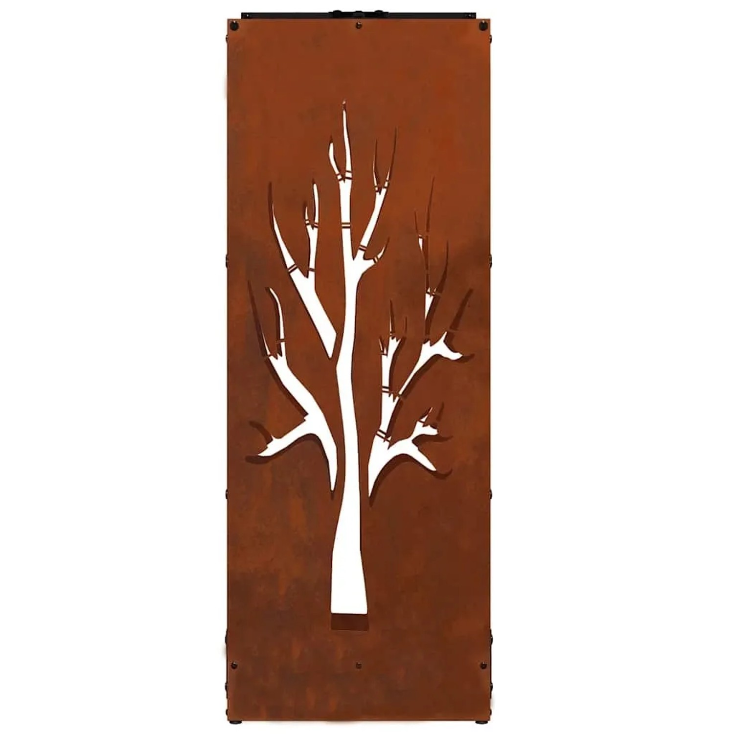 Rostbraunes Brennholzregal-Seitenteil aus wetterfestem Stahl mit Baum-Silhouette. Zubehör für Kamine.