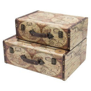 HMF VKO104 Vintage Koffer Holz 2er Set Versch Größen Deko Weltkarte Farbe