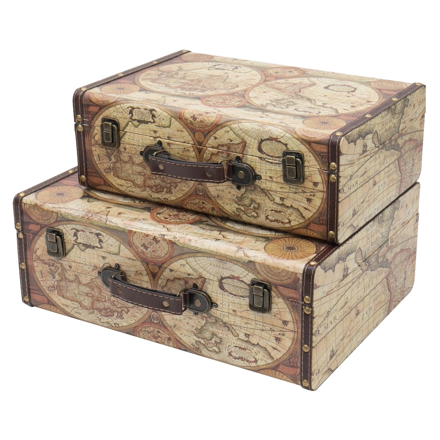 HMF VKO104 Vintage Koffer Holz 2er Set Versch Größen Deko Weltkarte Farbe