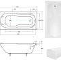 Weiße Rechteck-Badewanne BONA 160x70 mit Wannenträger, Ablauf und Füßen. Technische Zeichnung und Produktansicht.