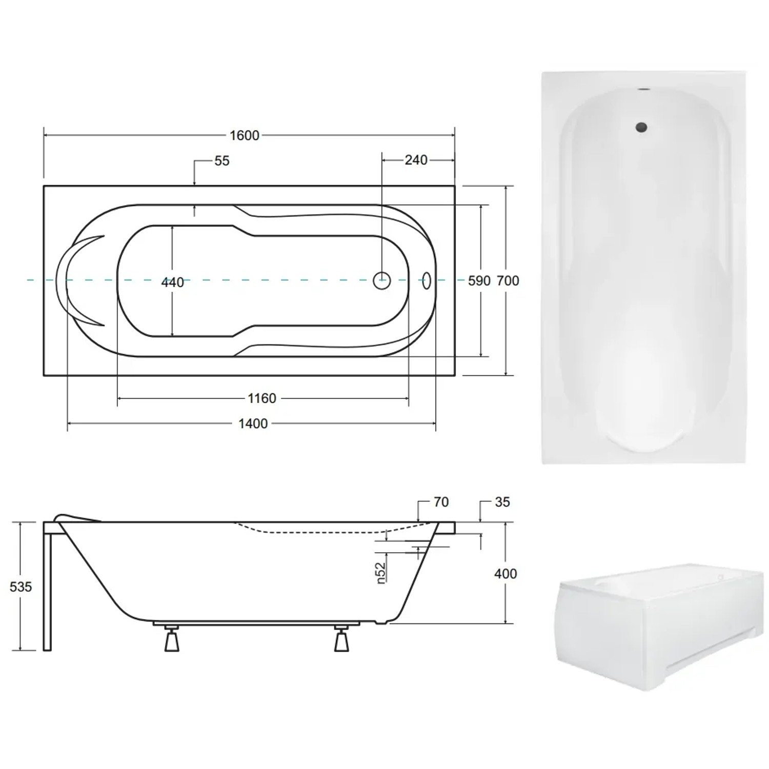 Weiße Rechteck-Badewanne BONA 160x70 mit Wannenträger, Ablauf und Füßen. Technische Zeichnung und Produktansicht.