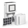 Weißer Clean Air Optima CA705 SMART Luftentfeuchter mit geöffnetem Filterfach, Aktivkohlefilter und Wassertank.