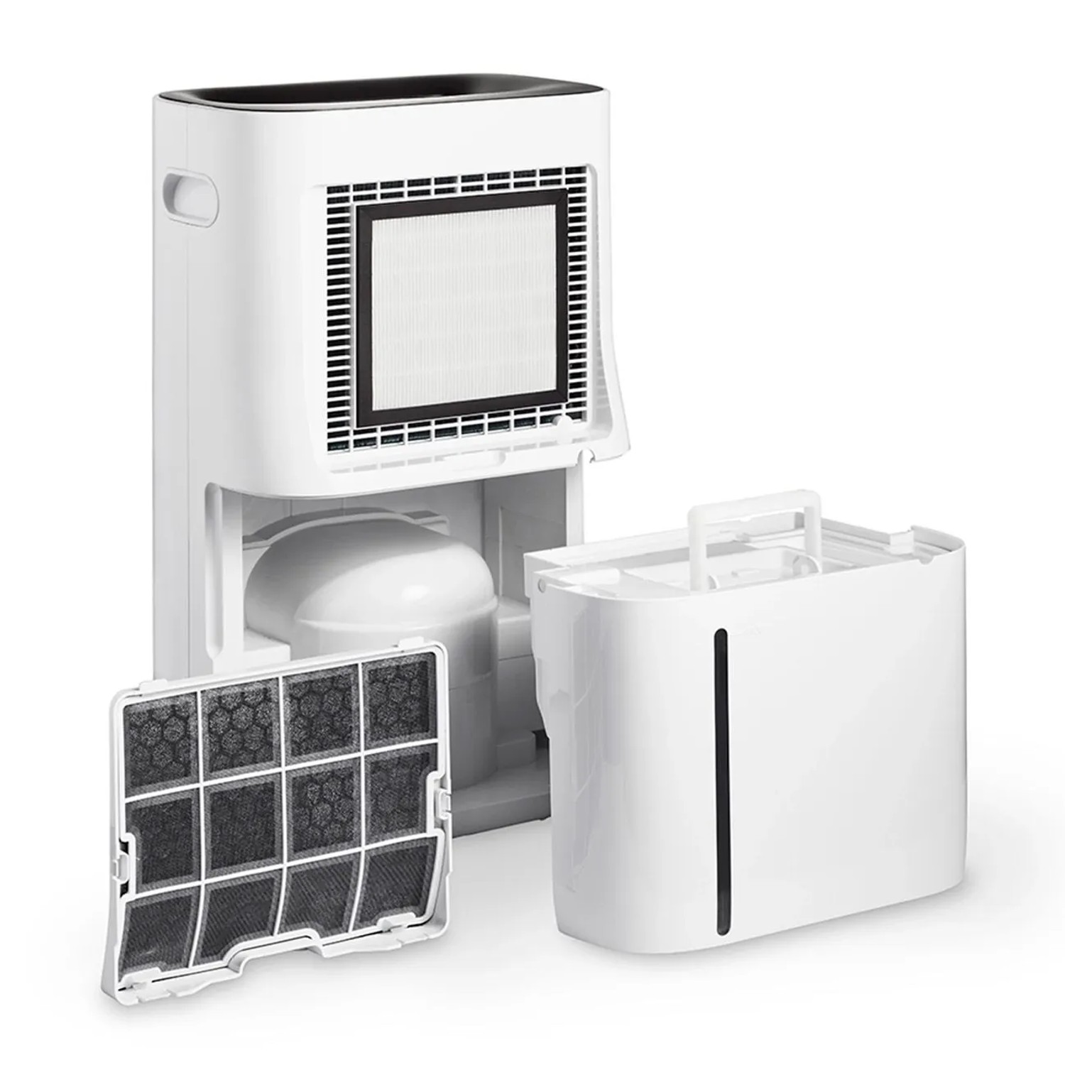 Weißer Clean Air Optima CA705 SMART Luftentfeuchter mit geöffnetem Filterfach, Aktivkohlefilter und Wassertank.