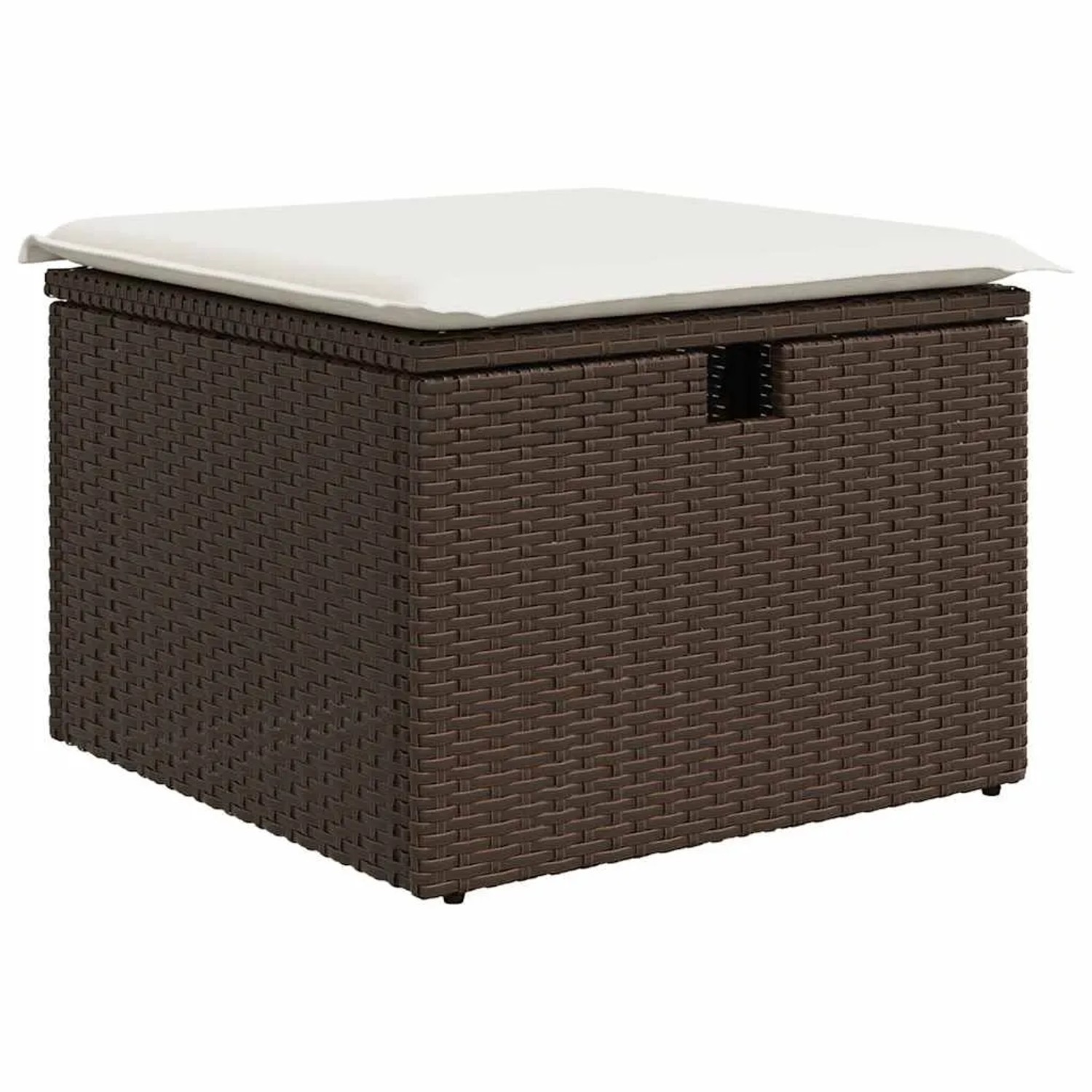 Brauner Poly Rattan Garten-Fußhocker mit cremefarbenem Kissen, Teil der vidaXL Sofagarnitur.