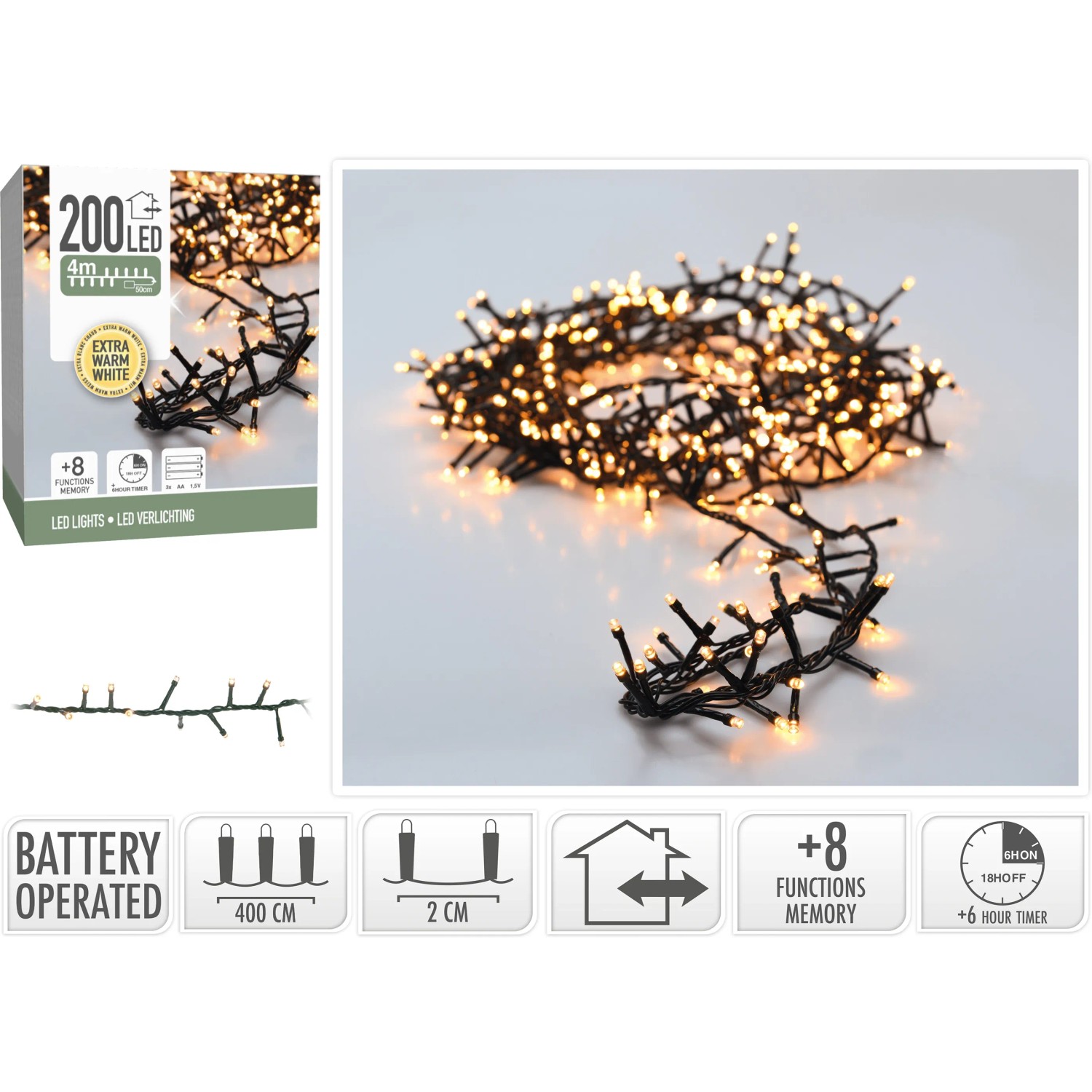 Snake-Lichterkette mit 200 warmweißen LEDs für den Außenbereich, batteriebetrieben mit Timer.