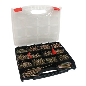 Schraubenkoffer mit 1700 Holzschrauben in verschiedenen Größen, sortiert im Kunststoffkoffer.