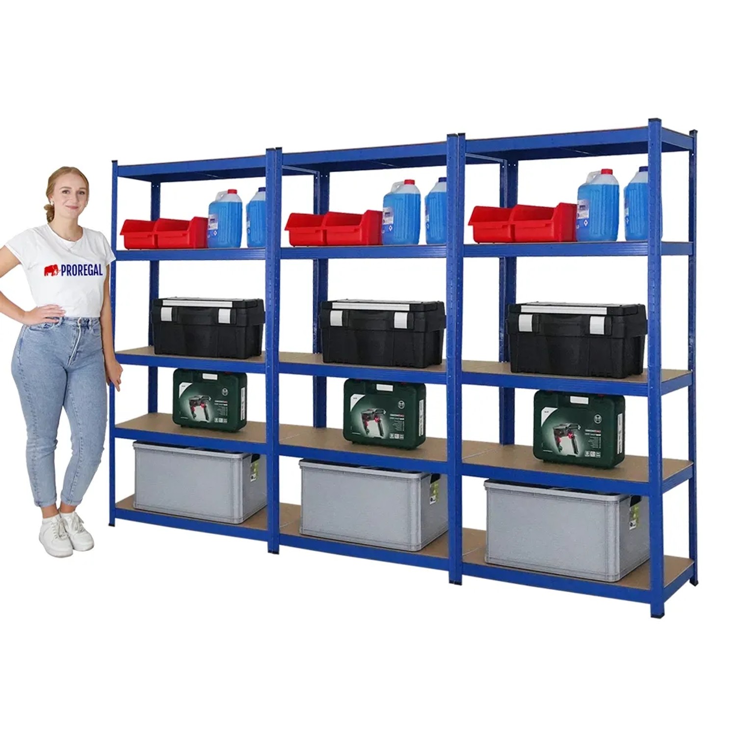 PROREGAL Mega Deal: 3 blaue Schwerlastregale (180x90x40cm) mit Werkzeug und Zubehör.
