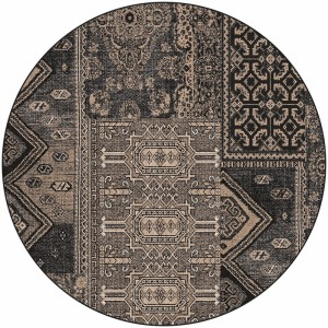 Runder Teppich Smuq Nepal Ø 100 cm mit traditionellem Muster in Schwarz- und Beigetönen.