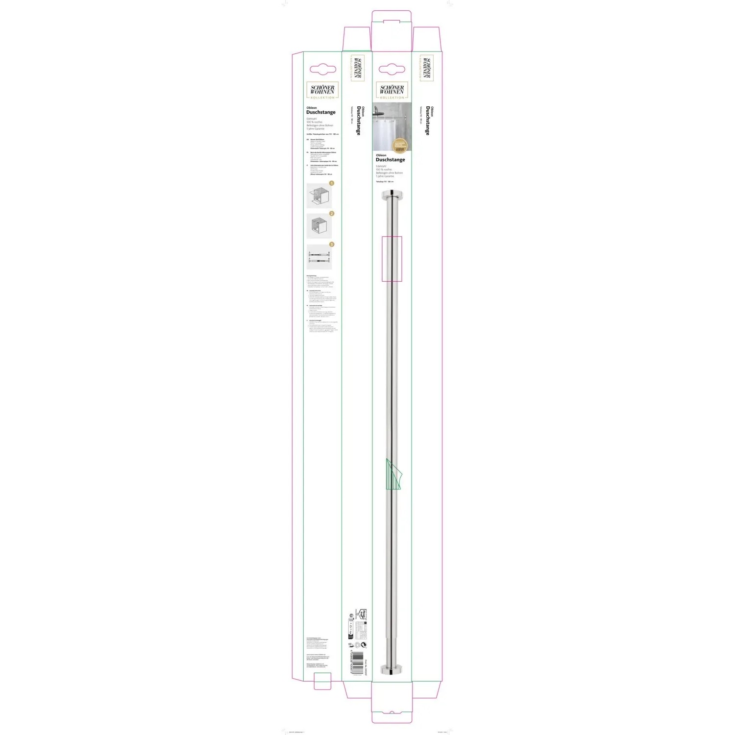 Verpackung der Schöner Wohnen Teleskop-Duschvorhangstange Obleon, 110-185 cm, Chrom.