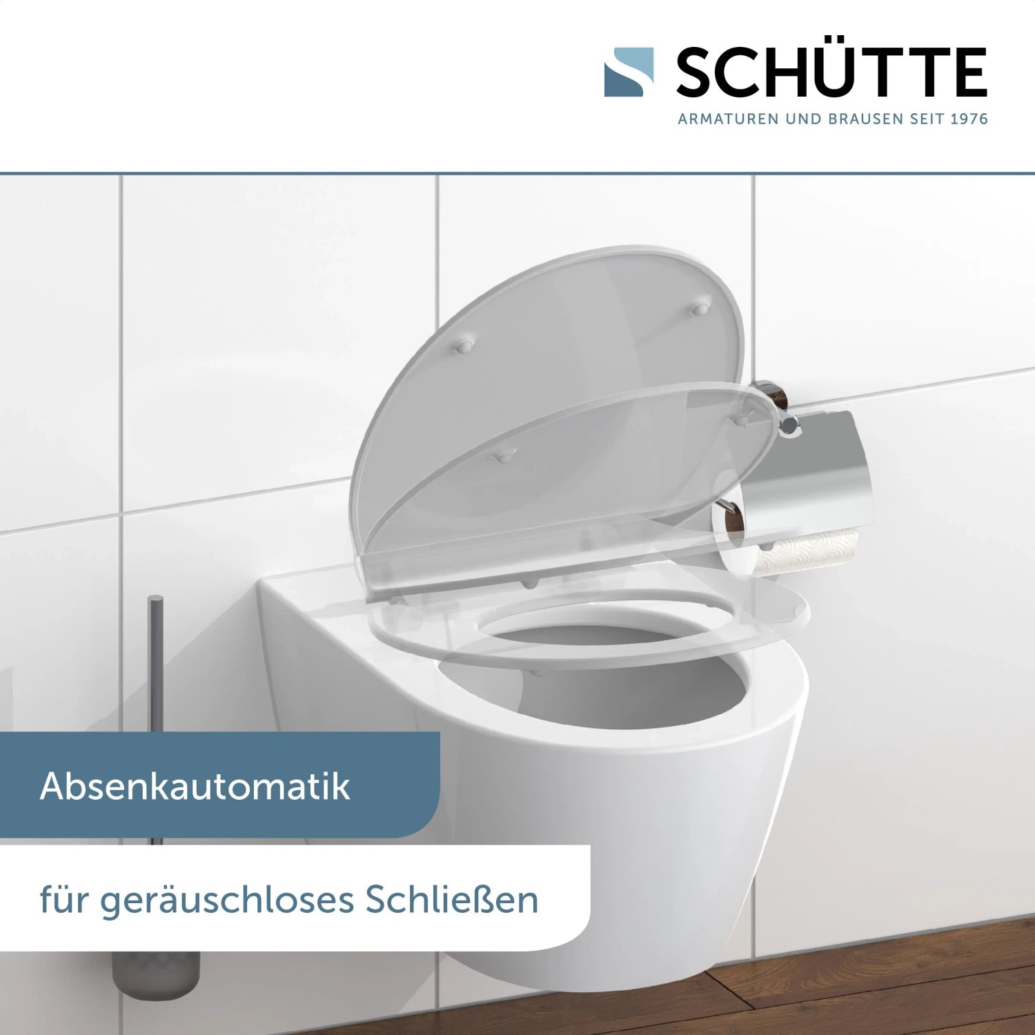 Schütte WC-Sitz Slim Grey Duroplast mit Absenkautomatik und Schnellverschluss auf WC-Becken.