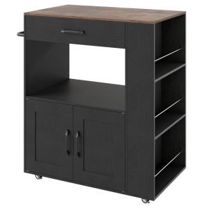 Schwarzer Costway Küchen- & Servierwagen mit brauner Arbeitsplatte, Schublade, Schrank, offenen Regalen und Rollen.