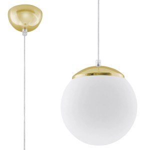 Hängeleuchte Ugo 20 Gold von Sollux Lighting mit weißem Glasschirm und goldenen Akzenten.
