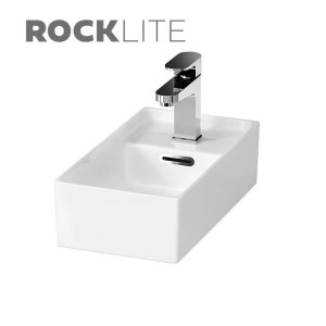 Weißes ROCKLITE Keramikwaschbecken 40 cm mit modernem Chrom-Wasserhahn für Badmöbel-Set.