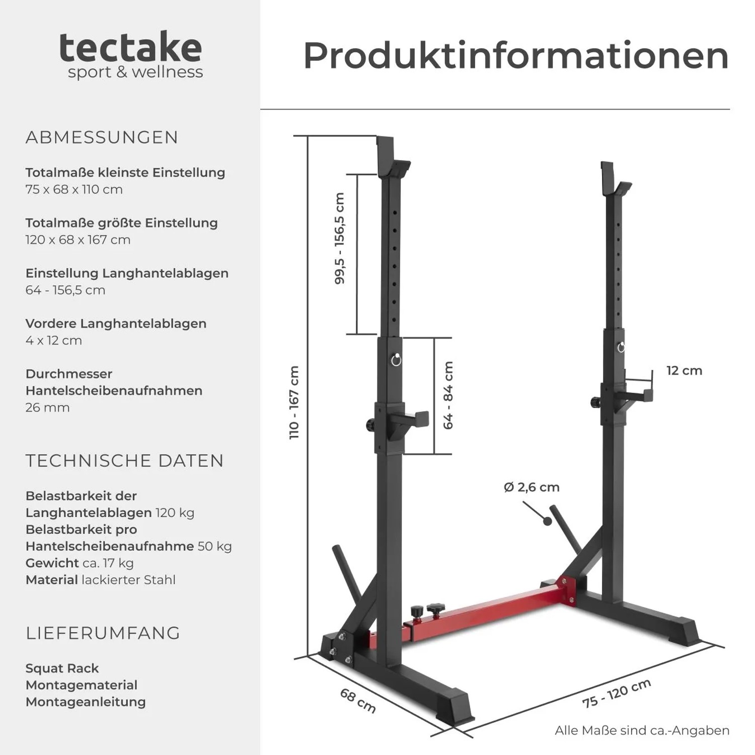 Tectake Squat Rack Apollo, multifunktional, mit Hantelablage, verstellbar, schwarz.