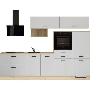 Weiße Impuls Küchenzeile 300 cm mit heller Eiche-Nachbildung, Backofen, Kochfeld, Spüle & Kopffreihaube.
