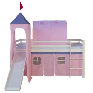 Weißes Kinderhochbett 90x200 mit rosa Rutsche, Turm, Tunnel und Vorhang. Abenteuerbett aus Holz.