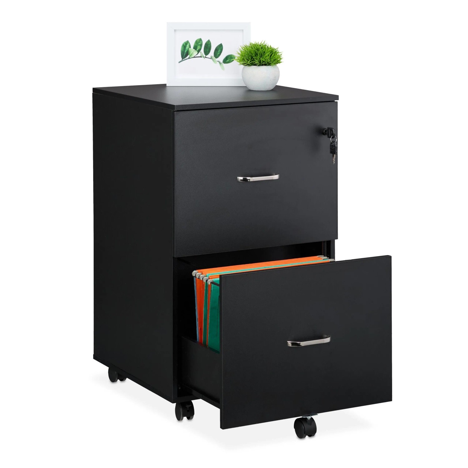 Relaxdays Rollcontainer Holzwerkstoff Schwarz mit Hängeregister Abschließbar 72 cm x 43 cm x 46 cm 16 kg