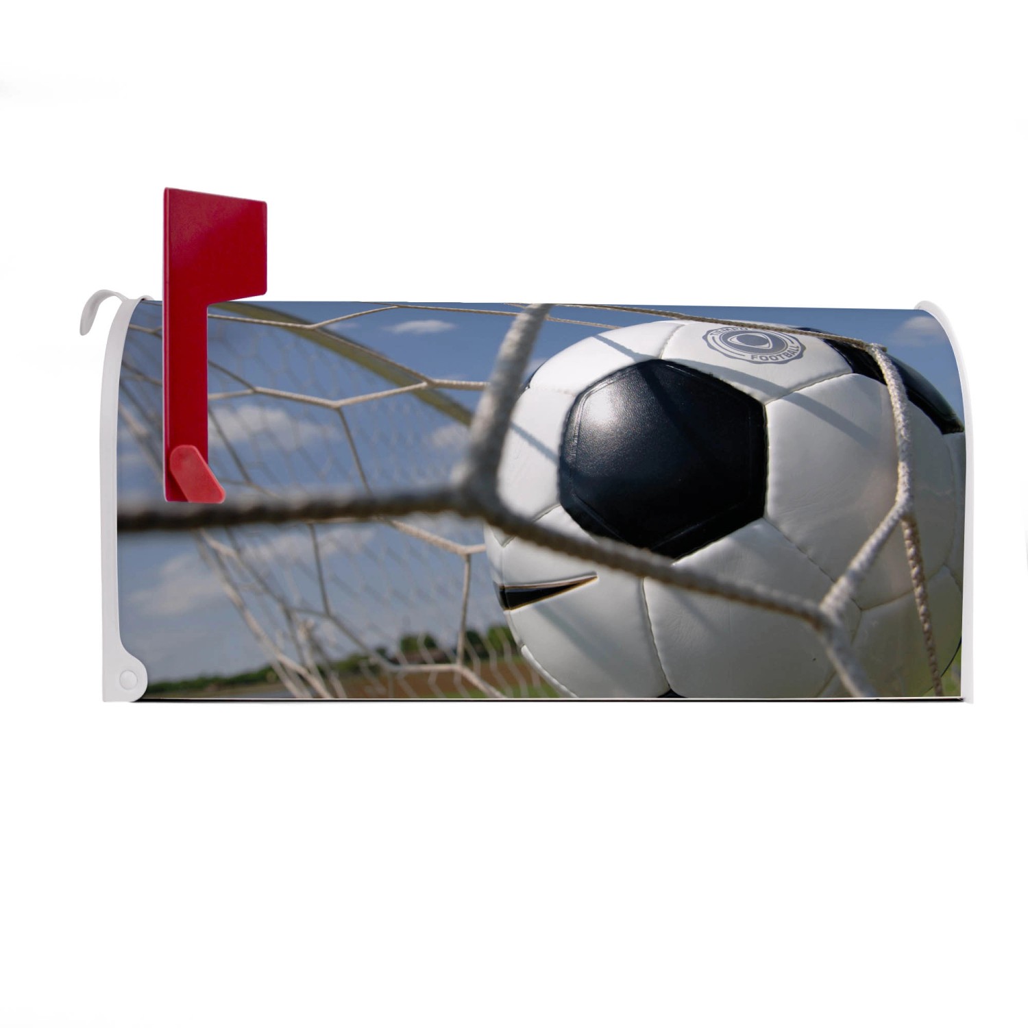 Weißer US Briefkasten mit Fußball Motiv. Amerikanischer Postkasten aus Stahl, pulverbeschichtet.