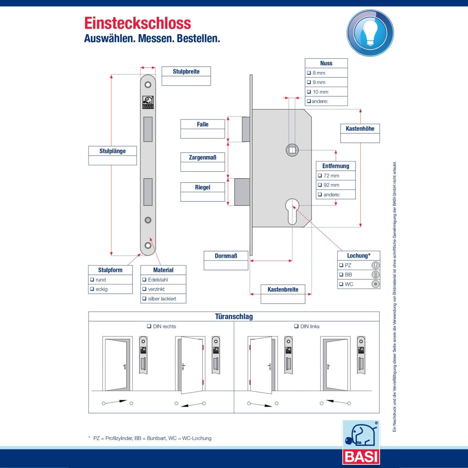 Skizze Basi Einsteckschloss ES 922 Ö, Buntbart, 18mm Stulp, Maße und Türanschlag für Zimmertüren.