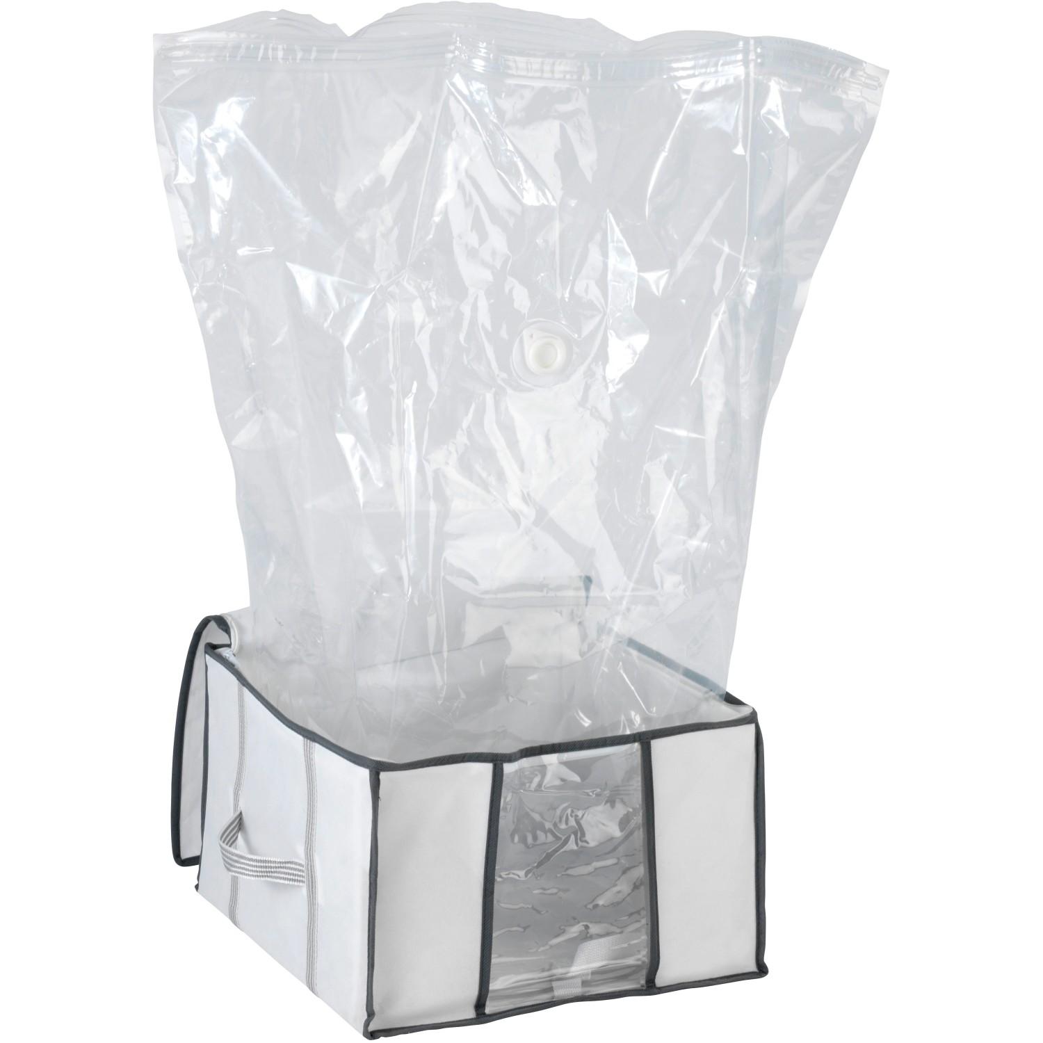 Wenko Vakuum Soft Box S, weiße Textilbox mit durchsichtiger Vakuum-Tasche zur platzsparenden Aufbewahrung.