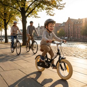 Kind mit PROMETHEUS Kinderfahrrad 12 Zoll im Retro Look, Farbe Schwarz. Eltern fahren im Hintergrund mit.