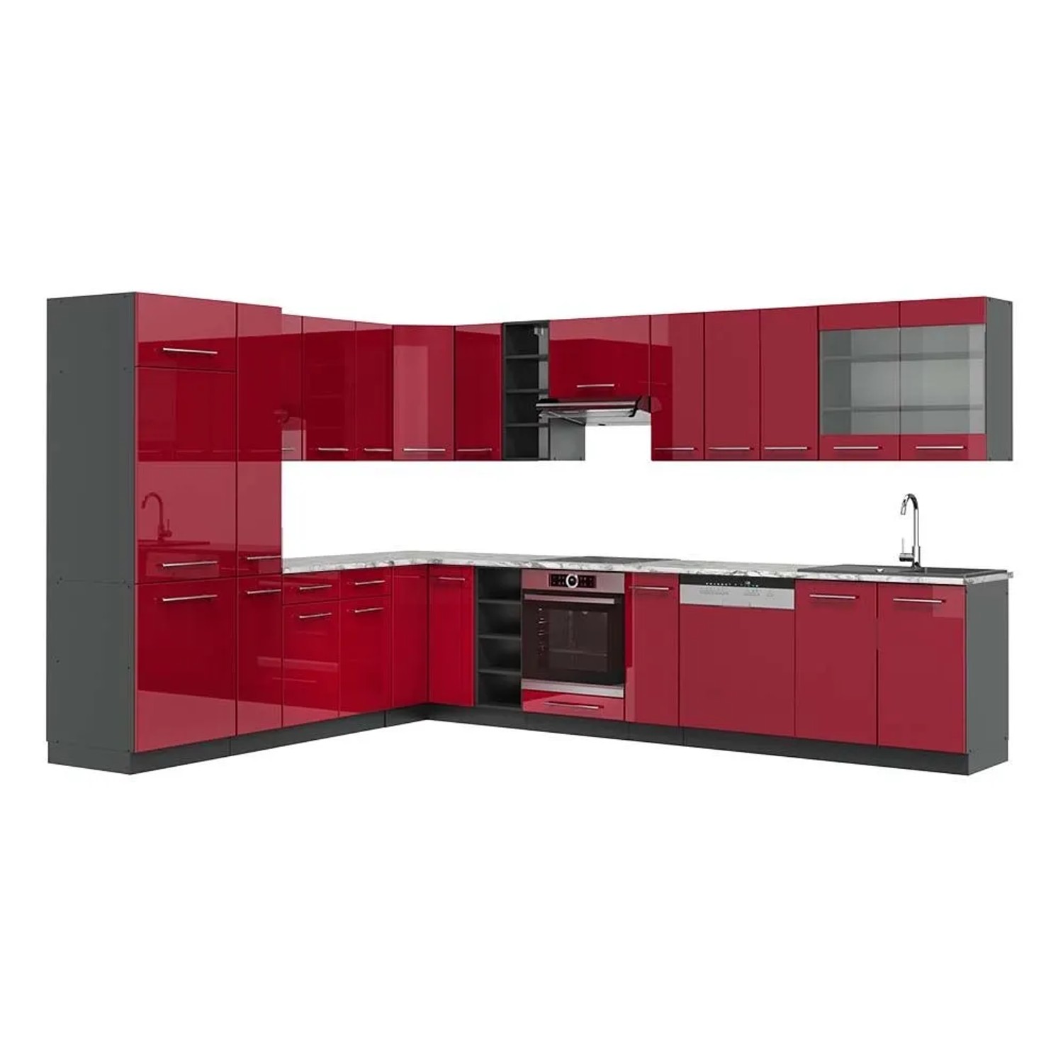 Vicco Eckküche Fame-Line Bordeaux Hochglanz/Anthrazit 347 x 82 mit Arbeitsplatte