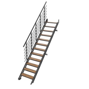 Minka Raumspartreppe Flex Hybrid: schwarze Metalltreppe mit 12 Eiche-Stufen, gerade, platzsparend.